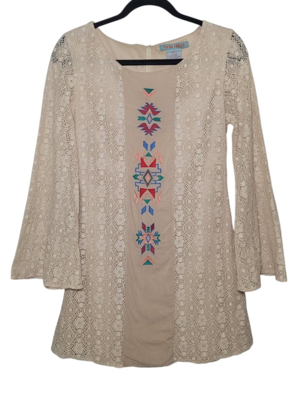 Flying Tomato Lace Boho Mini Dress Embroidered Aztec Bell Sleeves Beige Medium